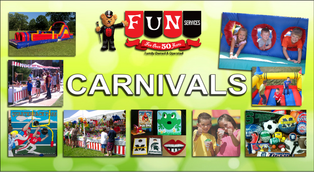 School Carnivals, End of year party, bounce house, obstacle course, cotton candy, sno kone, midway games, prizes